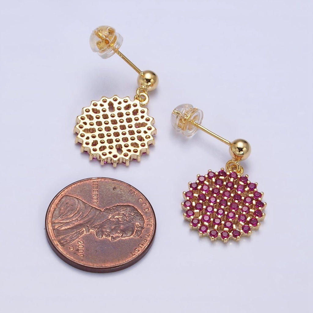Dainty Gold plated Stud Earring with Round Circle CZ Charm Dangle Charm Multi Color CZ Stone AD1516 - AD1519