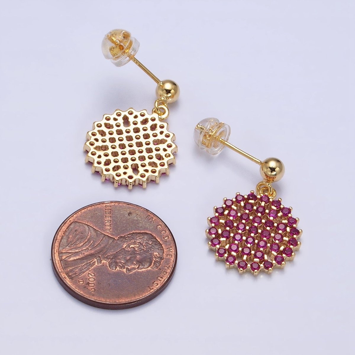 Dainty Gold plated Stud Earring with Round Circle CZ Charm Dangle Charm Multi Color CZ Stone AD1516 - AD1519