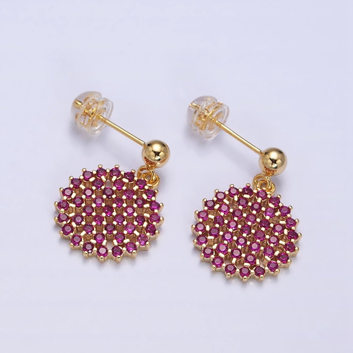 Dainty Gold plated Stud Earring with Round Circle CZ Charm Dangle Charm Multi Color CZ Stone AD1516 - AD1519