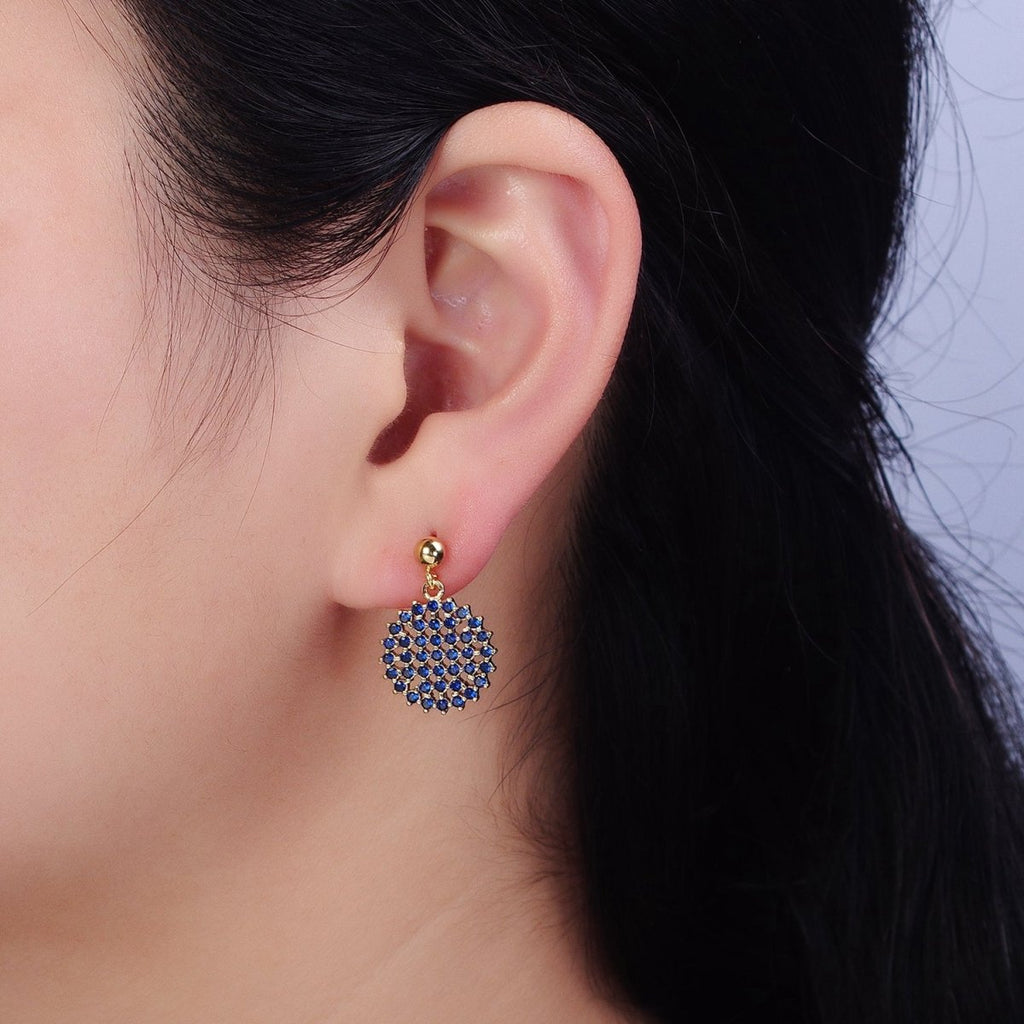 Dainty Gold plated Stud Earring with Round Circle CZ Charm Dangle Charm Multi Color CZ Stone AD1516 - AD1519