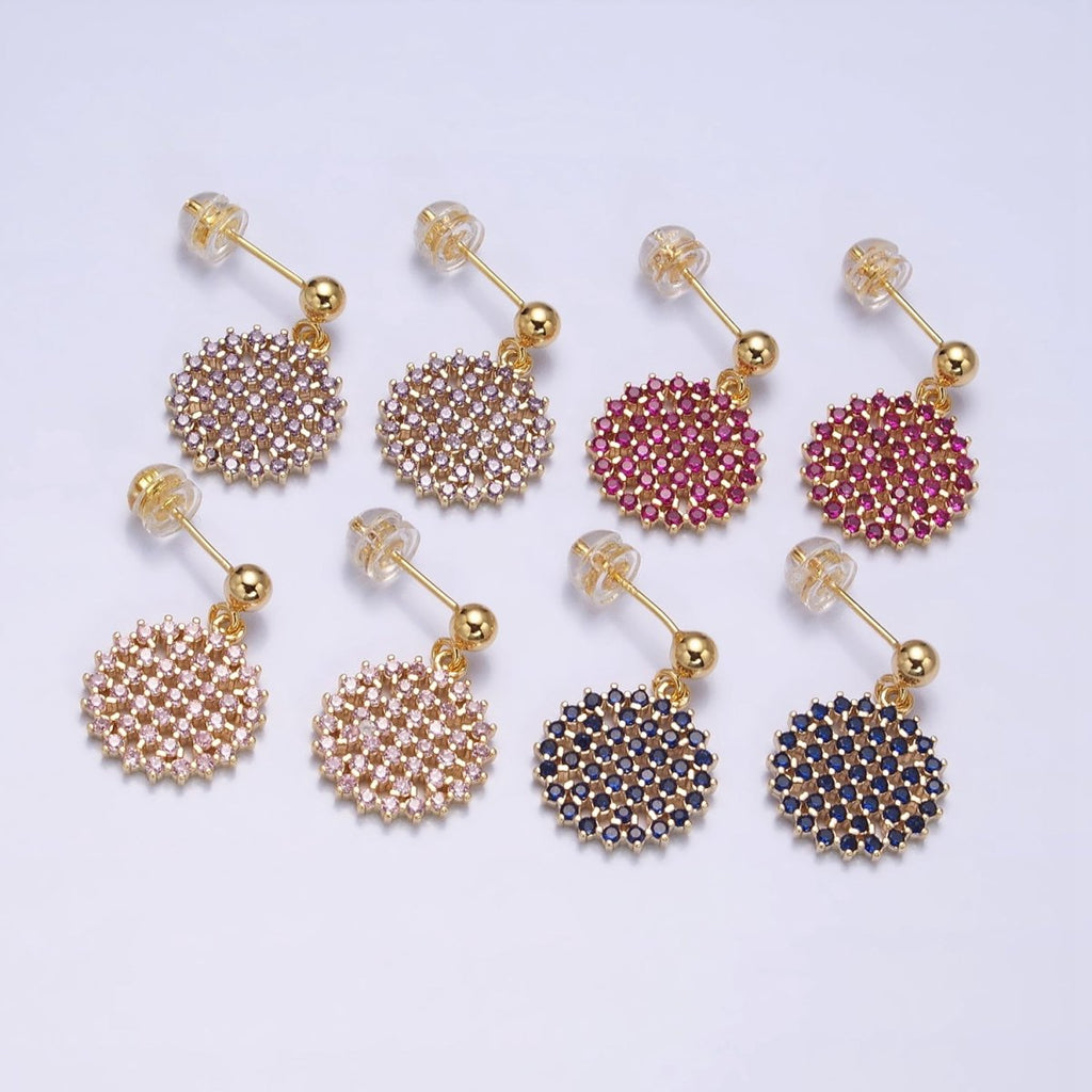 Dainty Gold plated Stud Earring with Round Circle CZ Charm Dangle Charm Multi Color CZ Stone AD1516 - AD1519