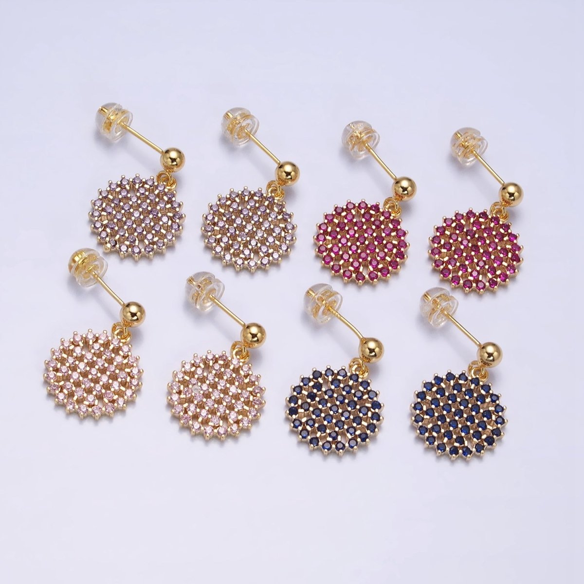 Dainty Gold plated Stud Earring with Round Circle CZ Charm Dangle Charm Multi Color CZ Stone AD1516 - AD1519