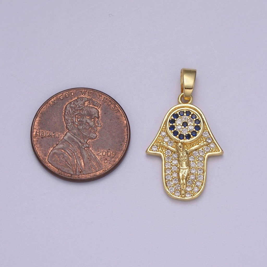 Dainty Gold Hamsa Hand Charm with Crucifix Jesus Pendant N-596 - DLUXCA