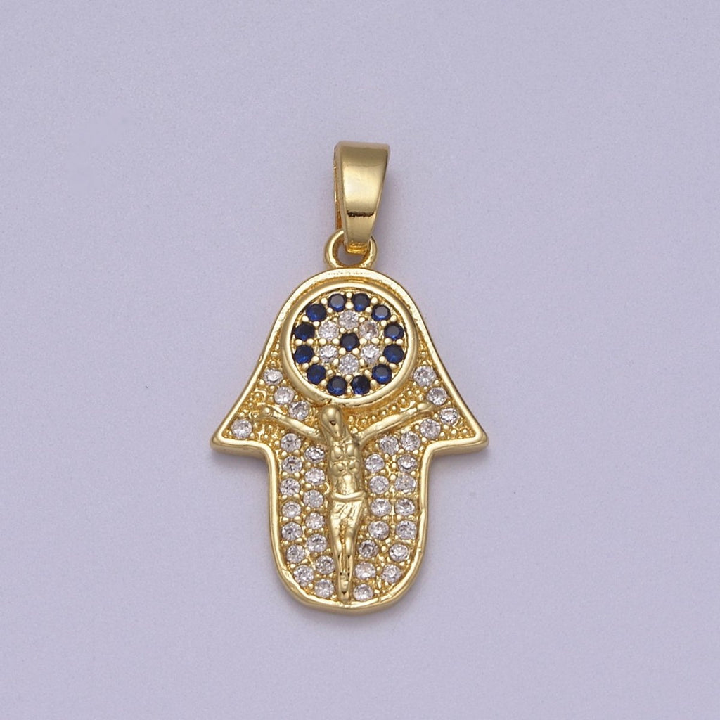 Dainty Gold Hamsa Hand Charm with Crucifix Jesus Pendant N-596 - DLUXCA