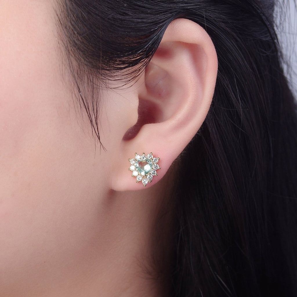 Dainty Gold Heart Stud Earrings Aqua Heart Cz Minimalist Delicate Earring 18K Gold plated Stud Earring Valentine V-126 - DLUXCA