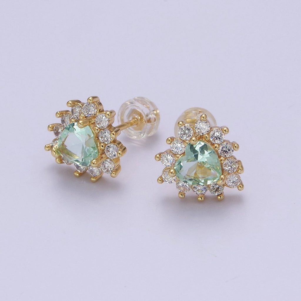 Dainty Gold Heart Stud Earrings Aqua Heart Cz Minimalist Delicate Earring 18K Gold plated Stud Earring Valentine V-126 - DLUXCA
