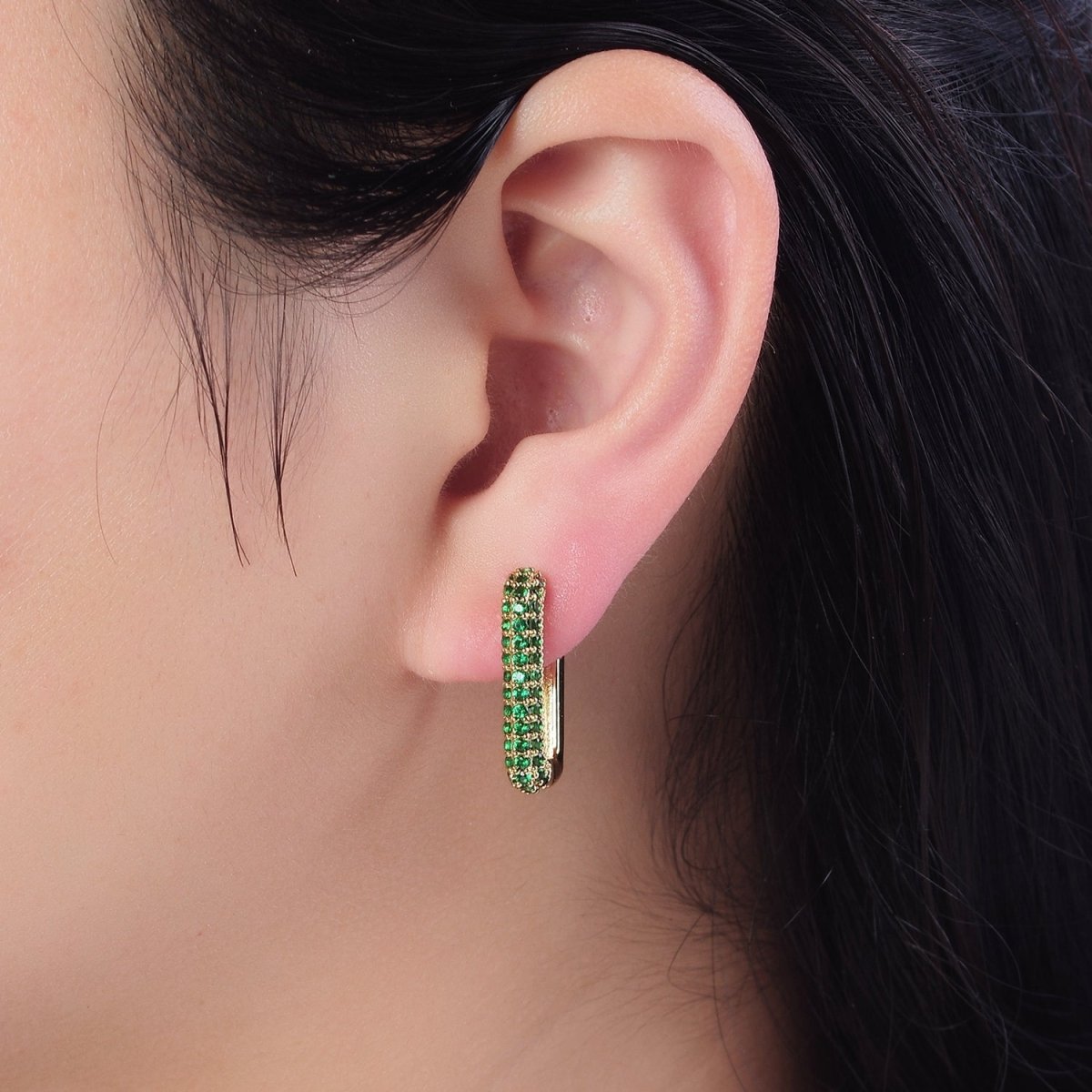 Dainty Gold Huggie Earrings, Rectangle CZ Hoop EarringsV-361