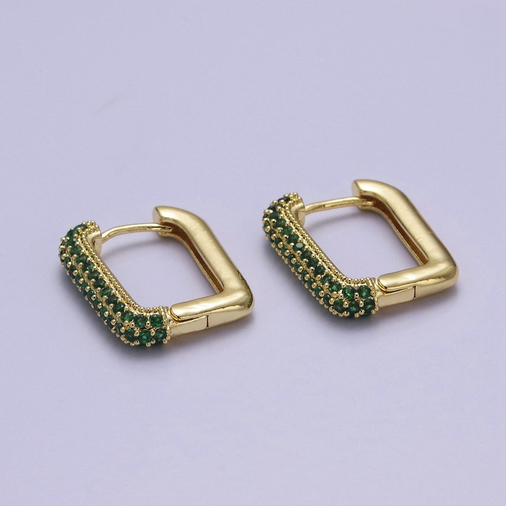 Dainty Gold Huggie Earrings, Rectangle CZ Hoop EarringsV-361