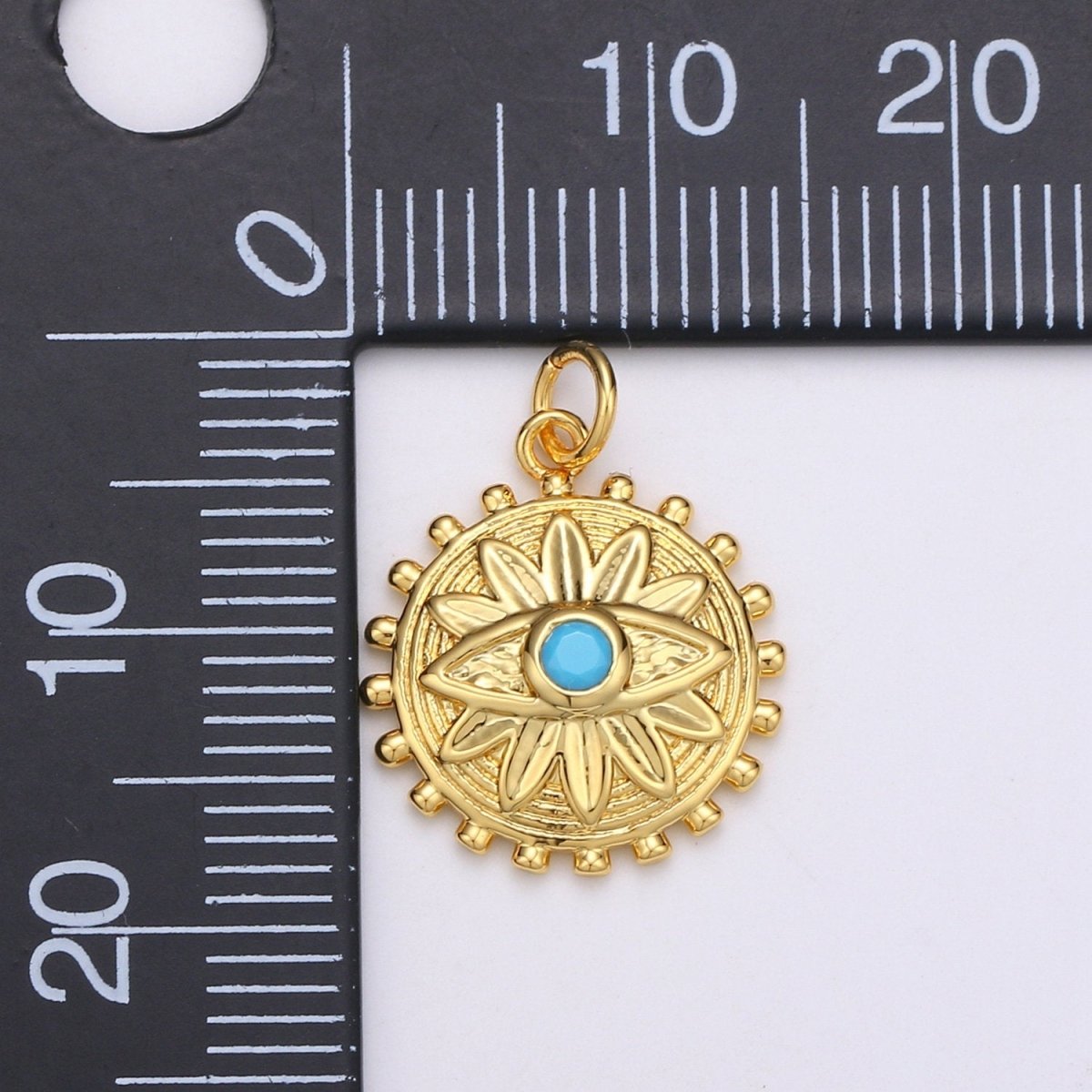 Dainty Gold Medallion Charm 14k Gold plated Evil Eye Charm, Cubic Zirconia Amulet Charm, Turquoise Jewelry, Micro Pave Lotus Bohemian D-724 - DLUXCA