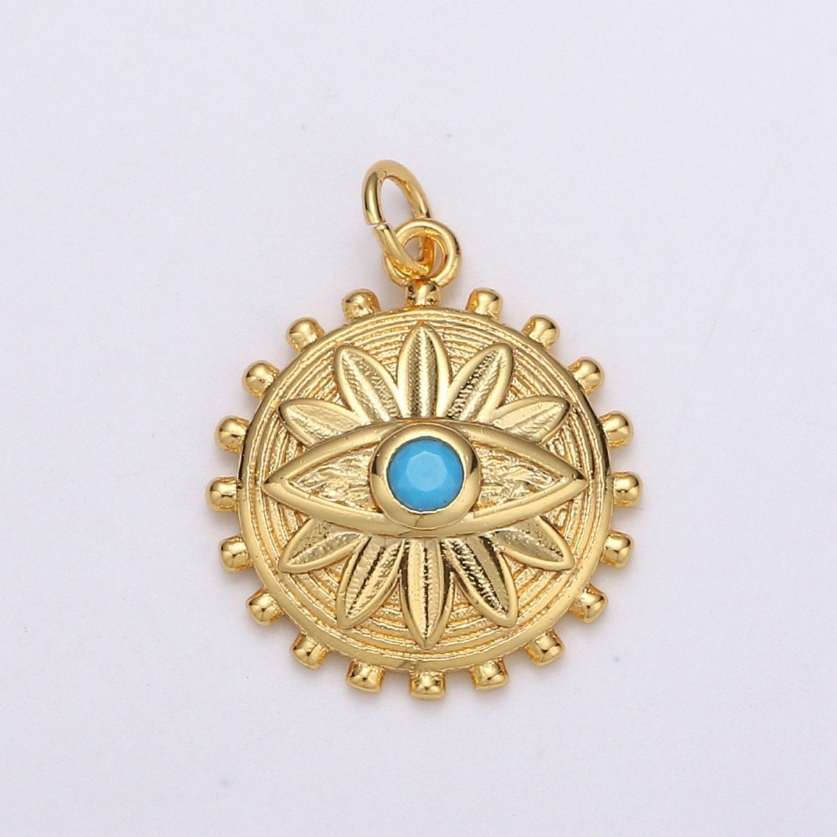 Dainty Gold Medallion Charm 14k Gold plated Evil Eye Charm, Cubic Zirconia Amulet Charm, Turquoise Jewelry, Micro Pave Lotus Bohemian D-724 - DLUXCA