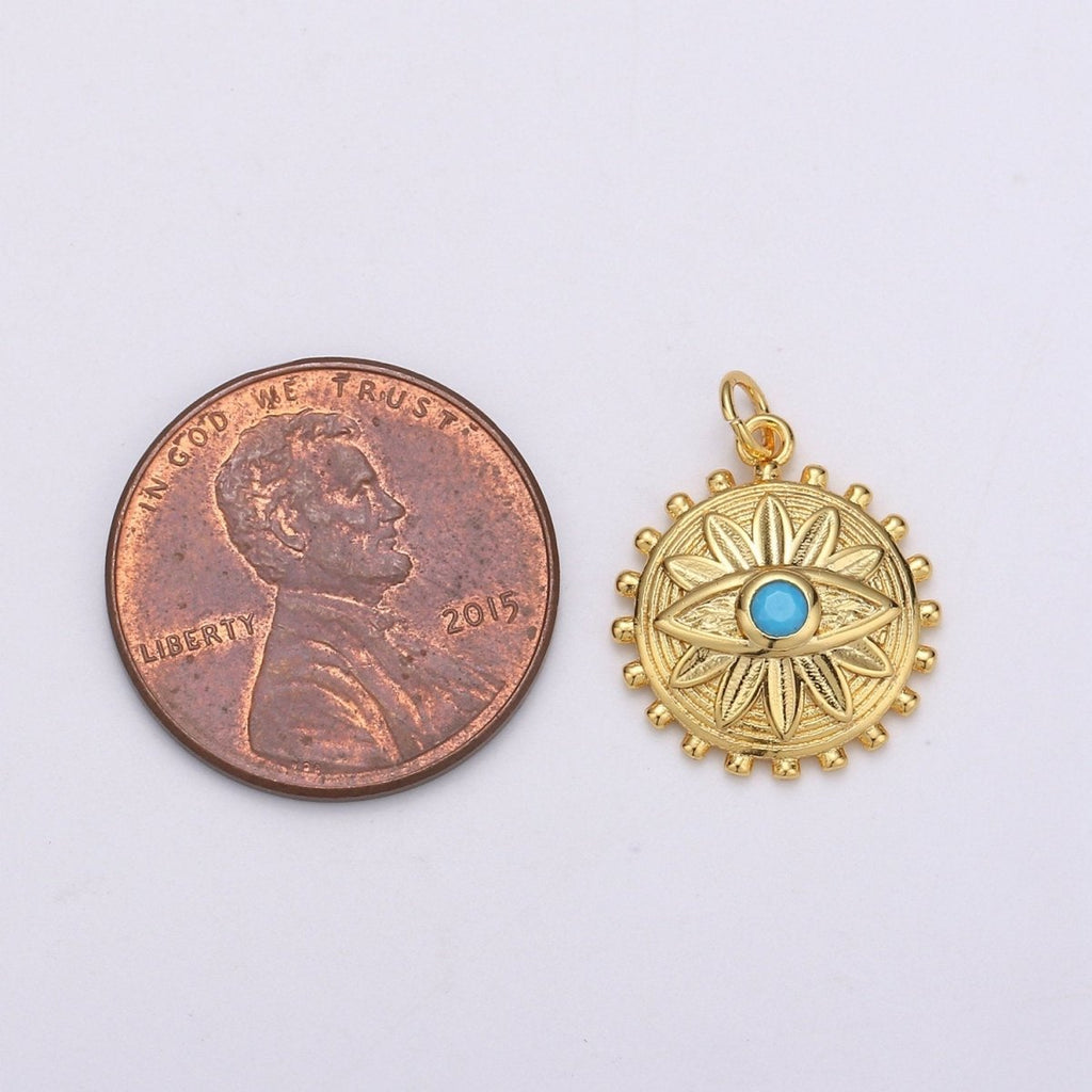 Dainty Gold Medallion Charm 14k Gold plated Evil Eye Charm, Cubic Zirconia Amulet Charm, Turquoise Jewelry, Micro Pave Lotus Bohemian D-724 - DLUXCA