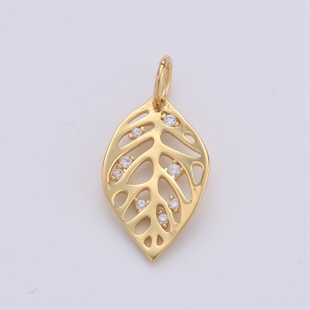 Dainty Gold Monstera Leaf Charms Pendant, Gold Leaf Charm DIY Earring Necklace Jewelry Accessory DIY Craft Micro Pave Charm D-571 - DLUXCA