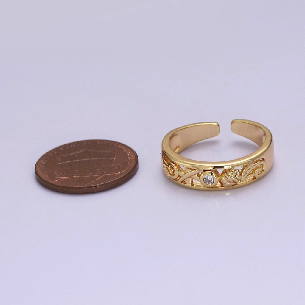 Dainty Gold Ring Carved Art with Round Bezel Cut Cz Stone O-2082 - DLUXCA