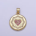 Dainty Gold Round Coin Pendant with Micro Pave Heart Charm H-543 - DLUXCA