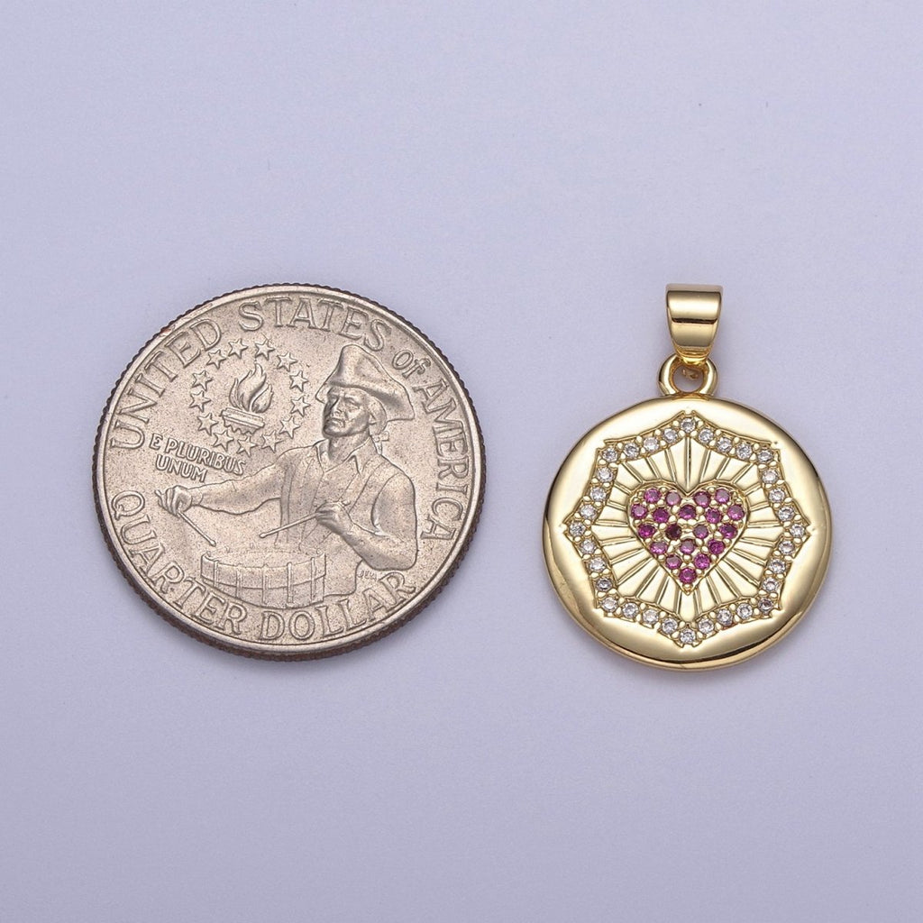 Dainty Gold Round Coin Pendant with Micro Pave Heart Charm H-543 - DLUXCA