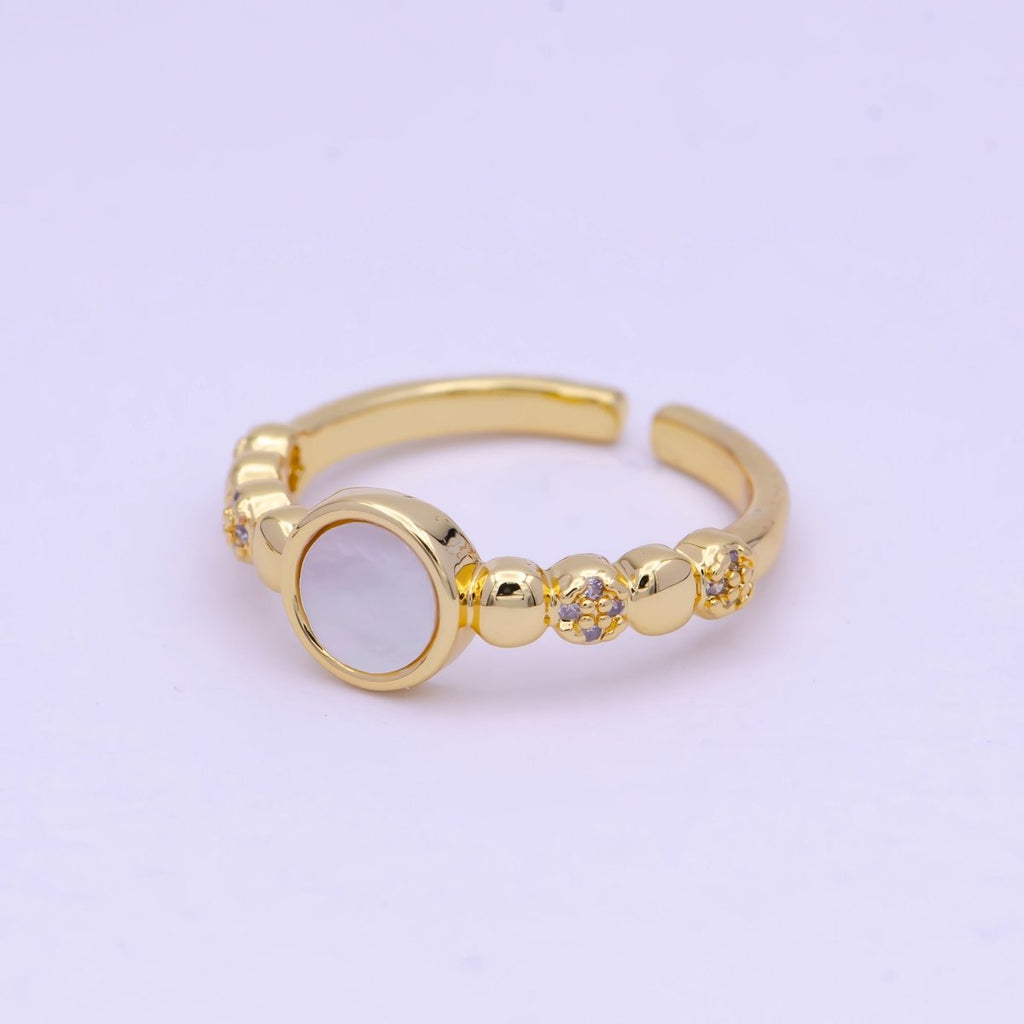 Dainty Gold Shell Pearl Ring with Beaded Ball Band Open Adjustable S-236 - DLUXCA