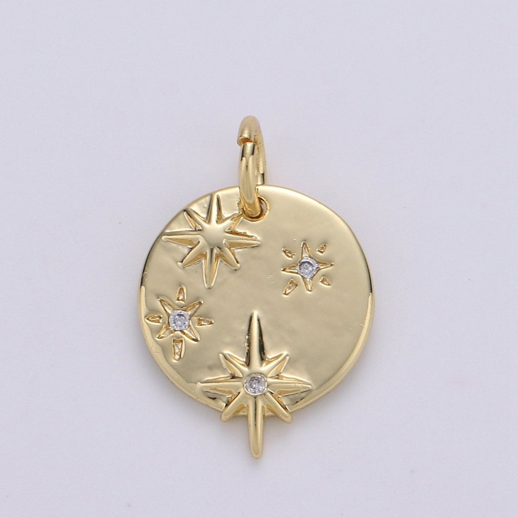 Dainty Gold Star charms, Micro Pave Starry Night charm Round Disc pendant Twinkle Little Star pendant Necklace pendant Celestial Jewelry D-212 - DLUXCA