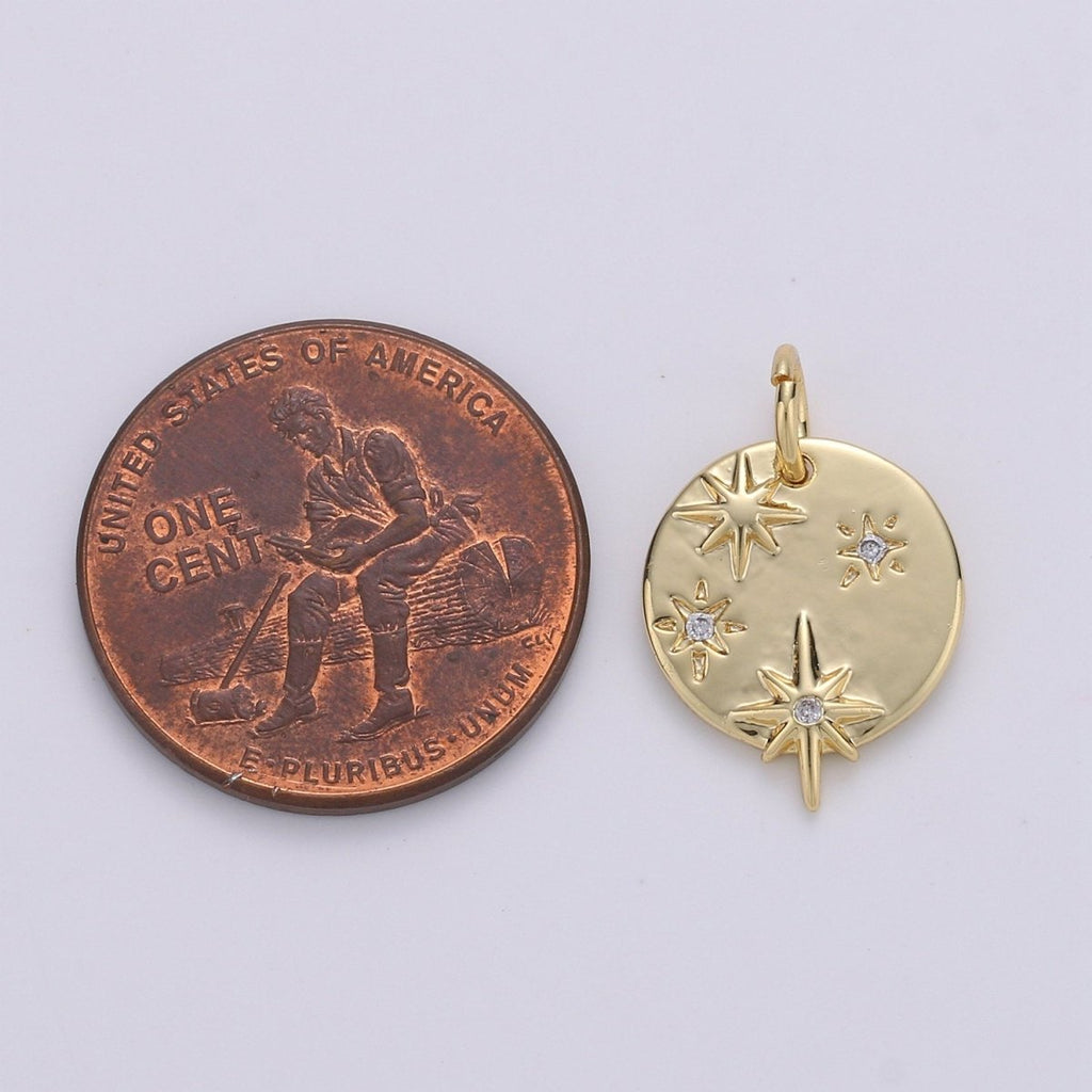 Dainty Gold Star charms, Micro Pave Starry Night charm Round Disc pendant Twinkle Little Star pendant Necklace pendant Celestial Jewelry D-212 - DLUXCA