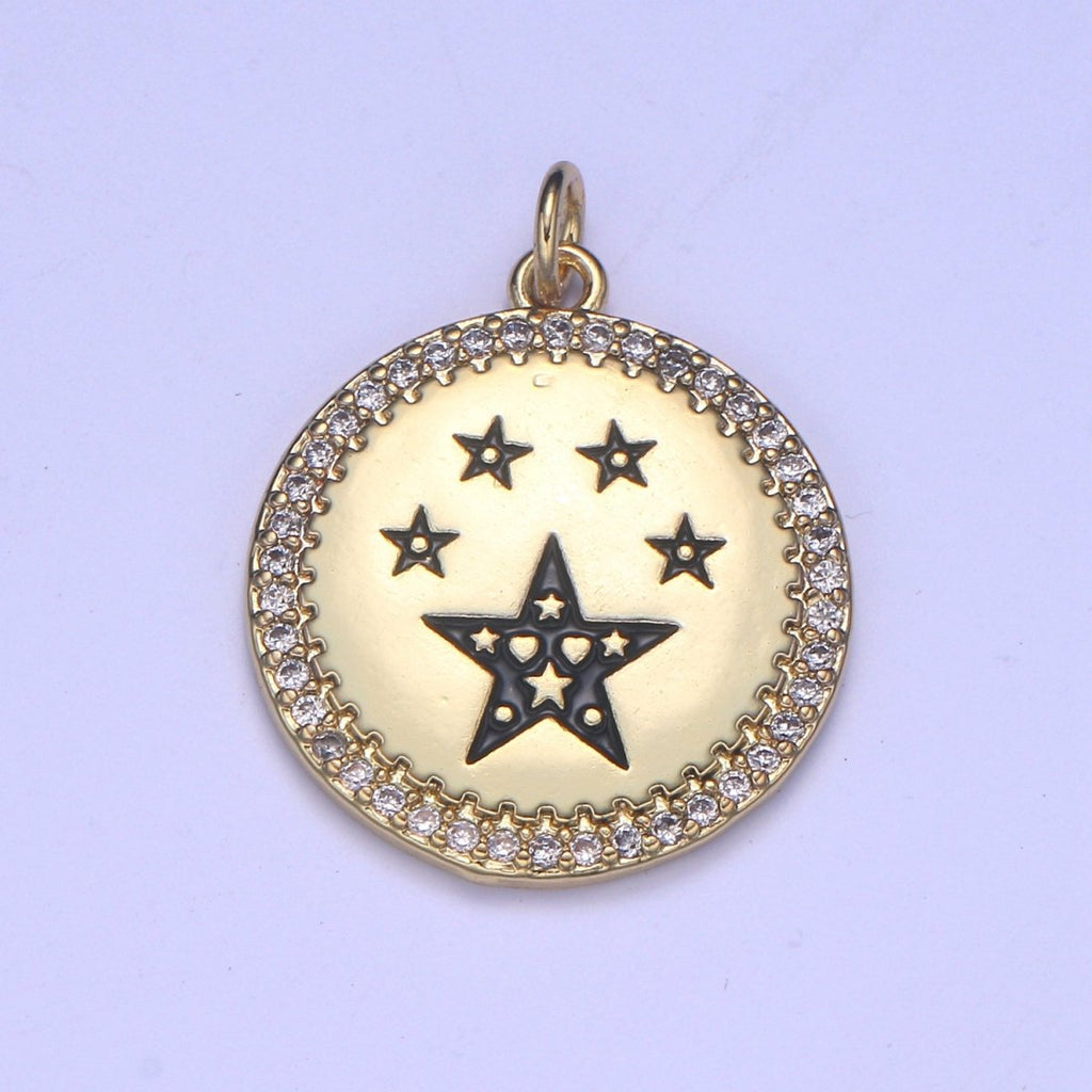 Dainty Gold Star Medallion Pendant - 14k gold plated Micro Pave Five Star Round Disc Charm Necklace Pendant E-283 - E-285