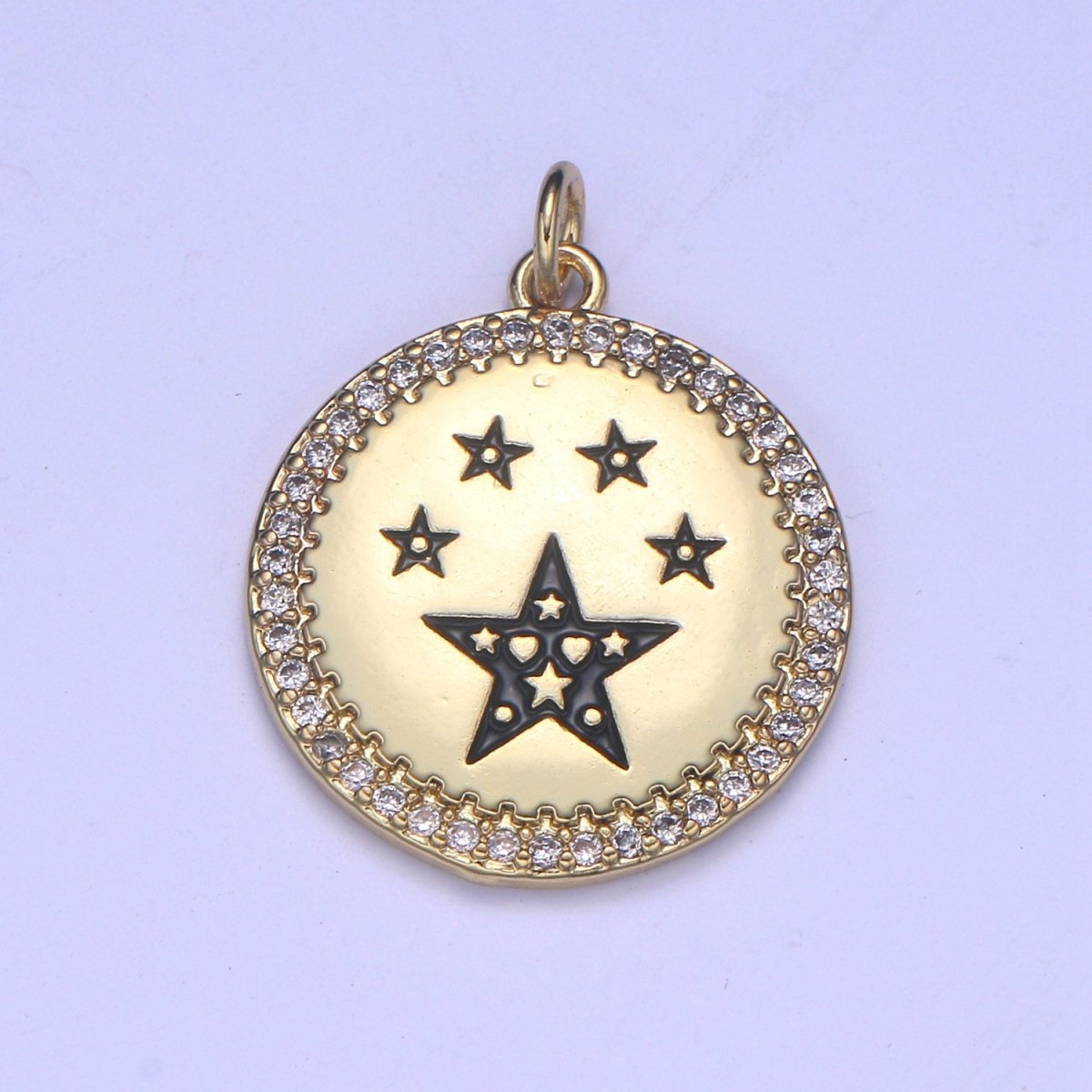 Dainty Gold Star Medallion Pendant - 14k gold plated Micro Pave Five Star Round Disc Charm Necklace Pendant E-283 - E-285
