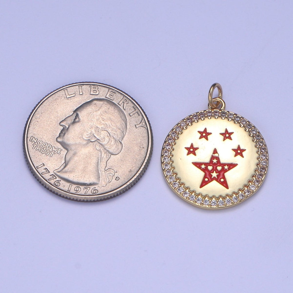 Dainty Gold Star Medallion Pendant - 14k gold plated Micro Pave Five Star Round Disc Charm Necklace Pendant E-283 - E-285