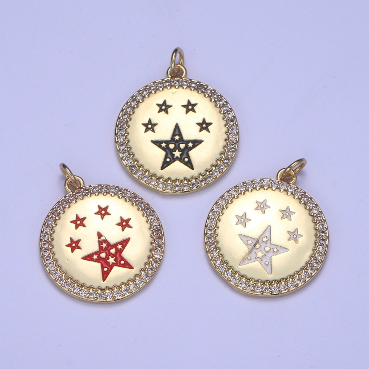 Dainty Gold Star Medallion Pendant - 14k gold plated Micro Pave Five Star Round Disc Charm Necklace Pendant E-283 - E-285