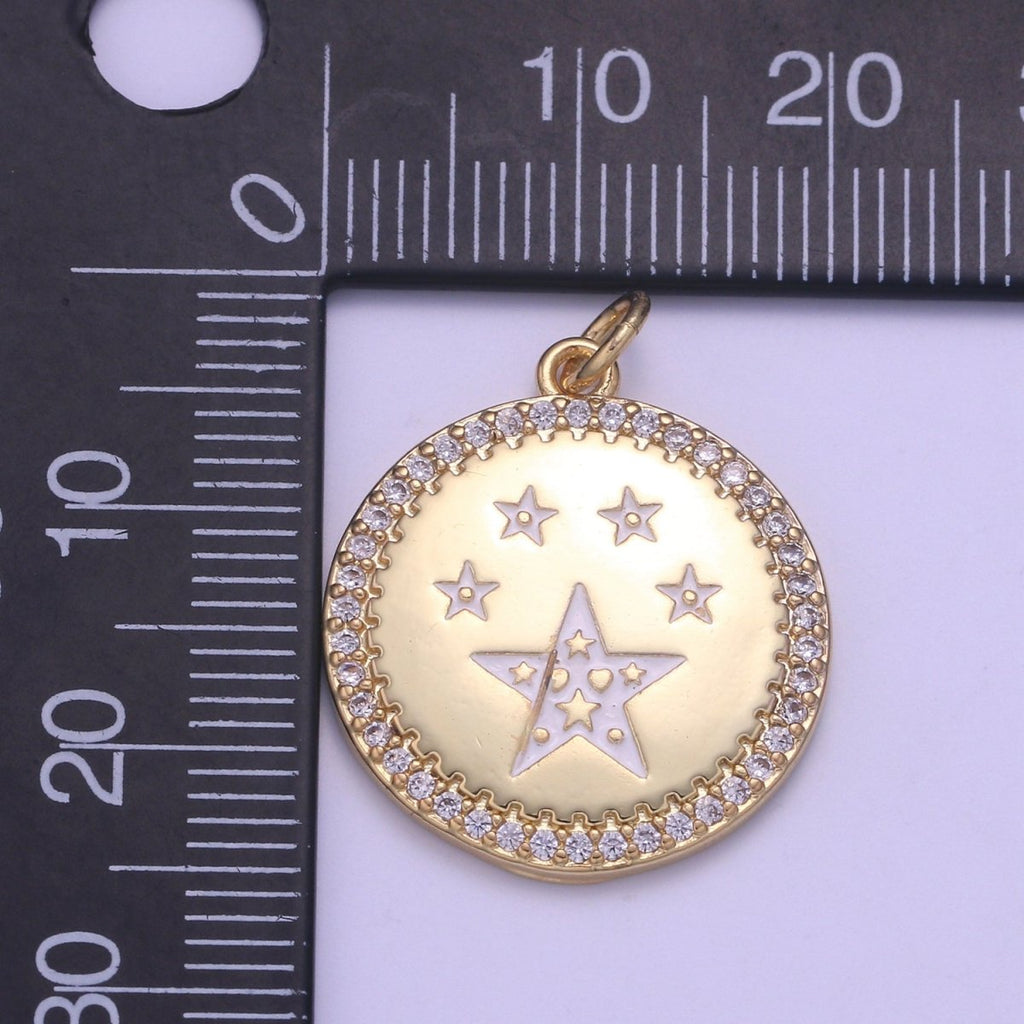 Dainty Gold Star Medallion Pendant - 14k gold plated Micro Pave Five Star Round Disc Charm Necklace Pendant E-283 - E-285