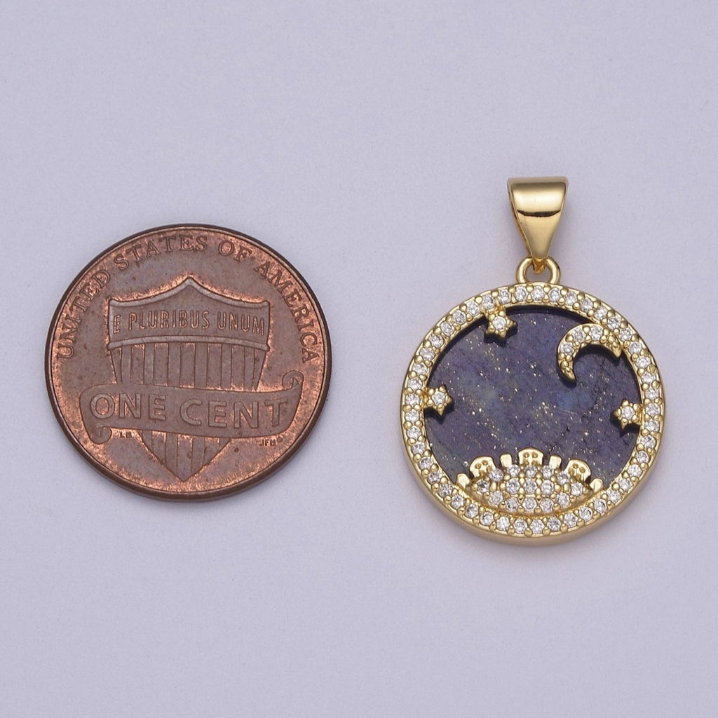 Dainty Gold Starry Night Charm with Cubic Zirconia Star Moon Sun Pendant J-421 - DLUXCA