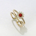 Dainty Gold Sun Double Band Ring, Open Adjustable Ring Red Cz Stone O-873 - DLUXCA