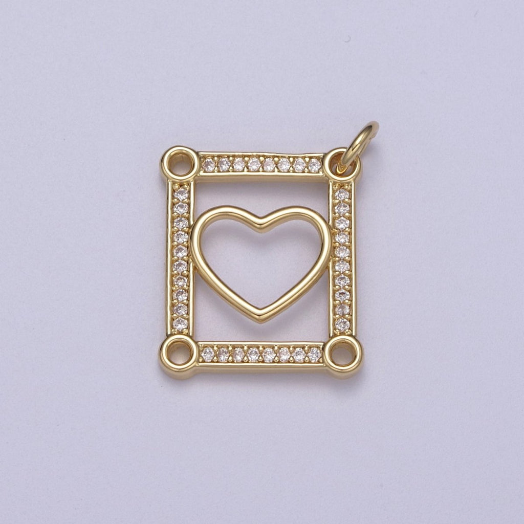 Dainty Gold Tile Heart Gold plated Charm with Cubic Zirconia Stone for Bracelet Necklace Earring N-331 - DLUXCA
