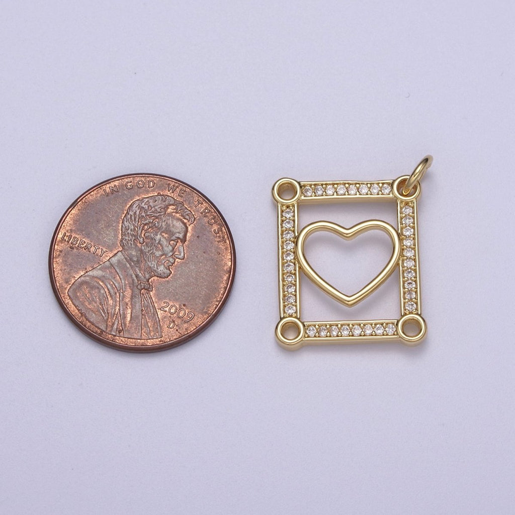 Dainty Gold Tile Heart Gold plated Charm with Cubic Zirconia Stone for Bracelet Necklace Earring N-331 - DLUXCA