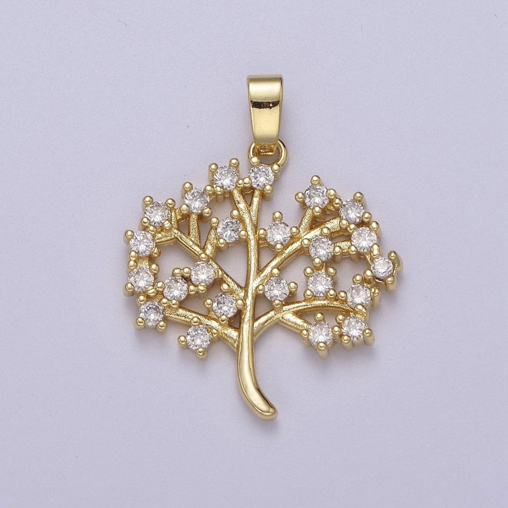 Dainty Gold Tree Pendant with Clear Micro Pave Cz Stone J-504 - DLUXCA