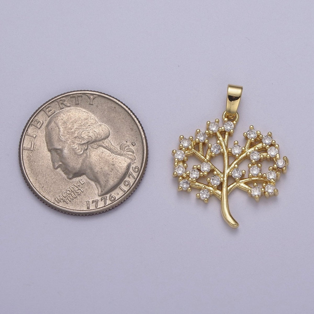 Dainty Gold Tree Pendant with Clear Micro Pave Cz Stone J-504 - DLUXCA