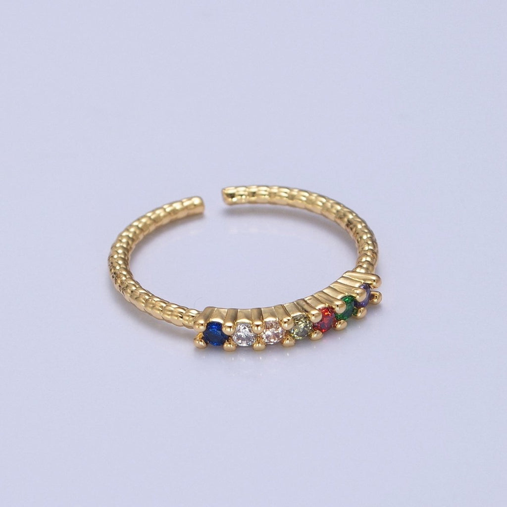 Dainty Gold Twist Band Simple Band with Colorful CZ Stone Adjustable Ring O-2131 - DLUXCA