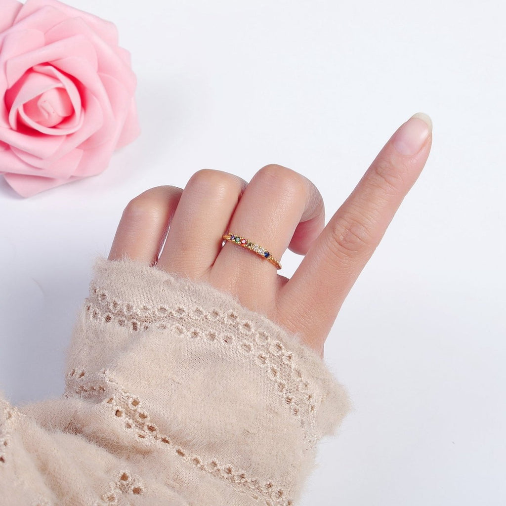 Dainty Gold Twist Band Simple Band with Colorful CZ Stone Adjustable Ring O-2131 - DLUXCA