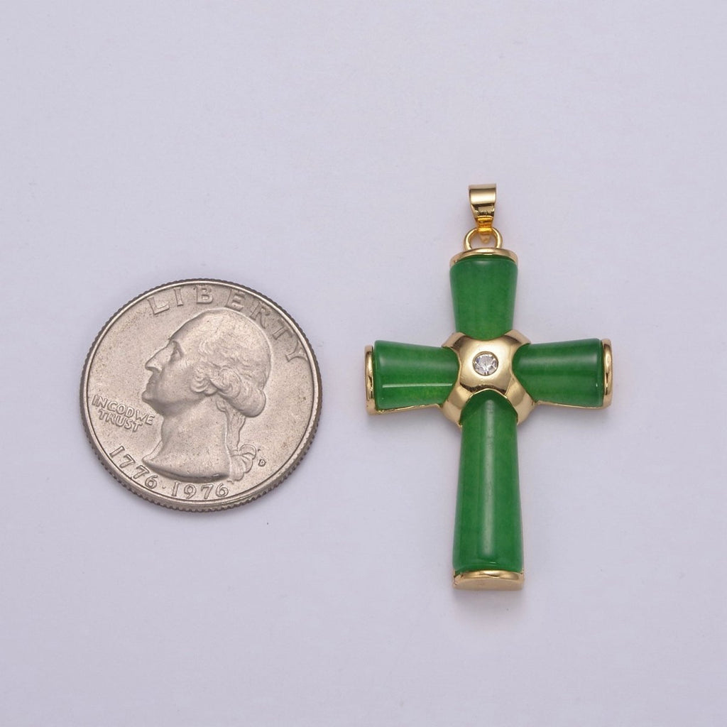 Dainty Green Jade Cross Pendant for Necklace 24K Gold plated Cross O-269 - DLUXCA
