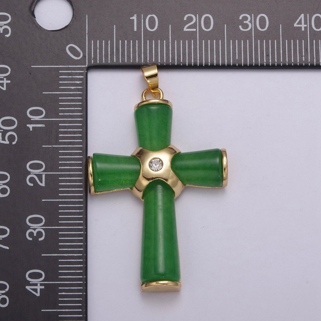 Dainty Green Jade Cross Pendant for Necklace 24K Gold plated Cross O-269 - DLUXCA