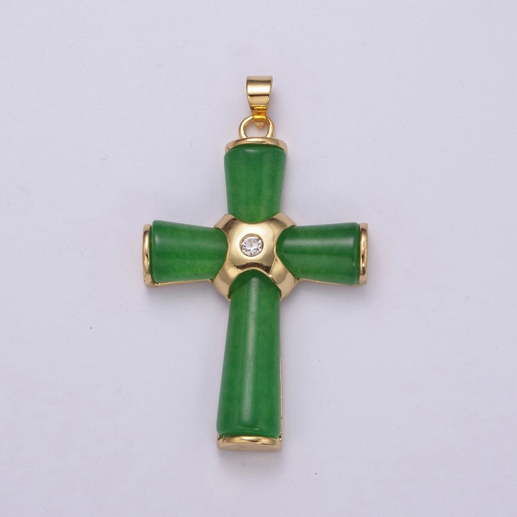 Dainty Green Jade Cross Pendant for Necklace 24K Gold plated Cross O-269 - DLUXCA