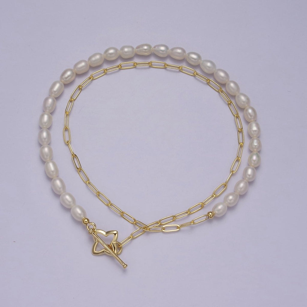 Dainty Half Baroque Pearl Half Paper Clip Chain Necklace 18k Gold plated Toggle Necklace | WA-878 Clearance Pricing - DLUXCA