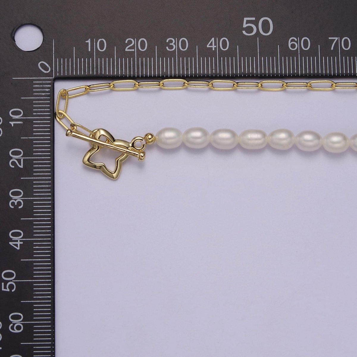Dainty Half Baroque Pearl Half Paper Clip Chain Necklace 18k Gold plated Toggle Necklace | WA-878 Clearance Pricing - DLUXCA