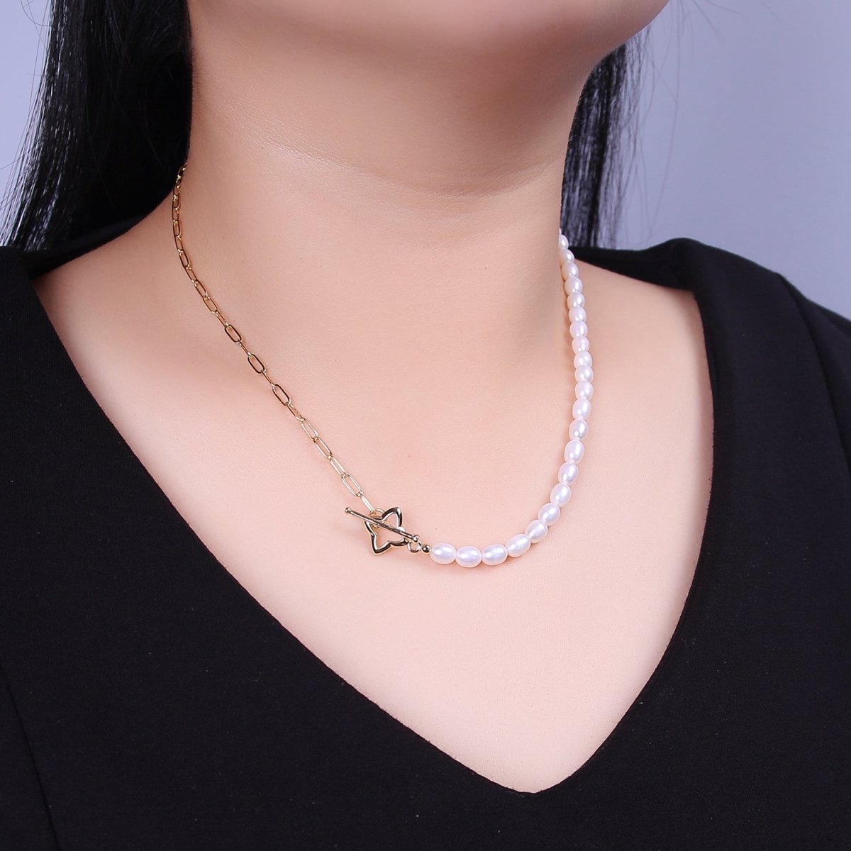 Dainty Half Baroque Pearl Half Paper Clip Chain Necklace 18k Gold plated Toggle Necklace | WA-878 Clearance Pricing - DLUXCA