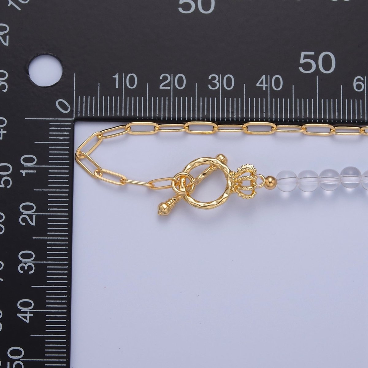 Dainty Half Bead Half Link Chain Necklace, 24k Gold plated Paperclip Chain with Clear Quartz Necklace Toggle Clasp | WA-967 Clearance Pricing - DLUXCA