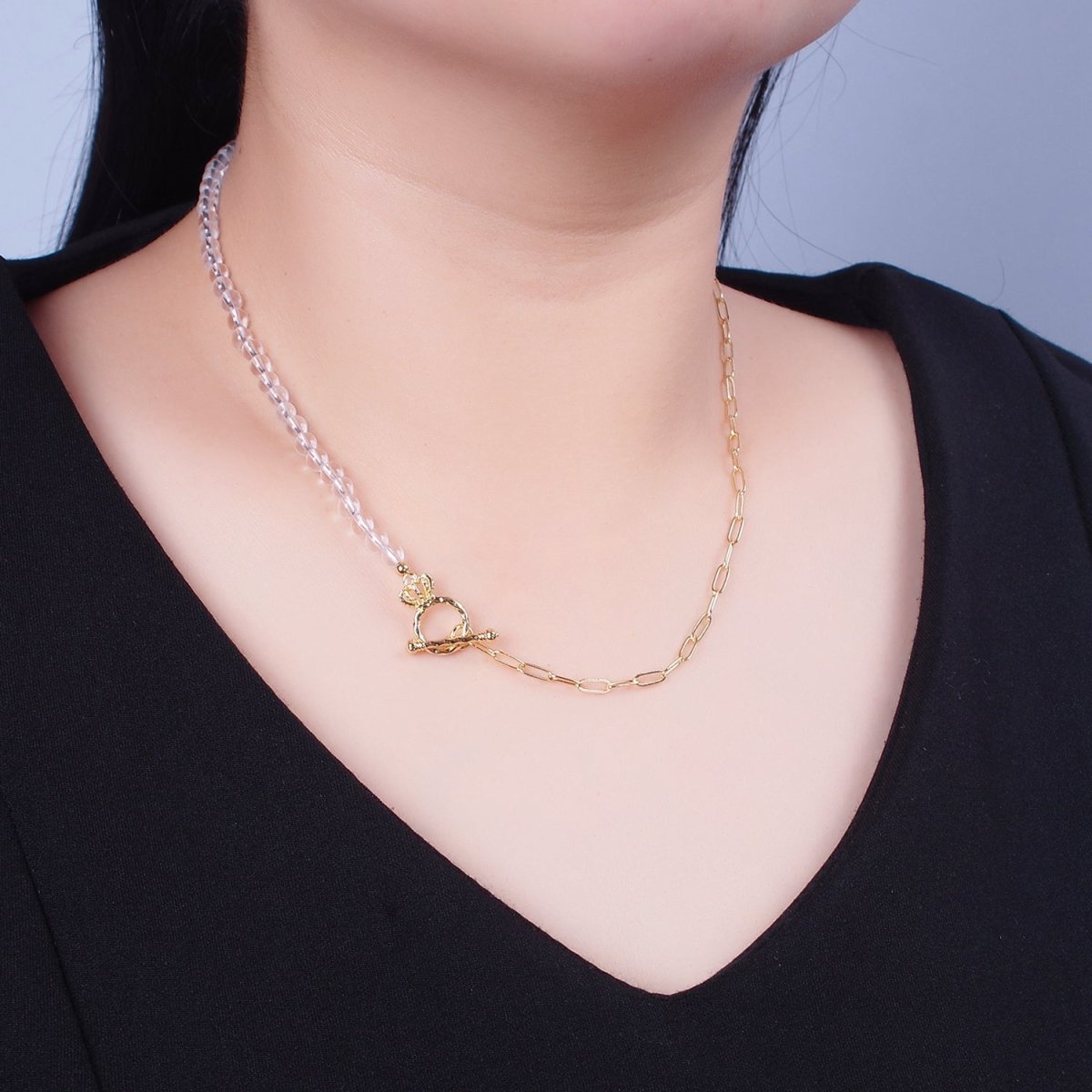 Dainty Half Bead Half Link Chain Necklace, 24k Gold plated Paperclip Chain with Clear Quartz Necklace Toggle Clasp | WA-967 Clearance Pricing - DLUXCA