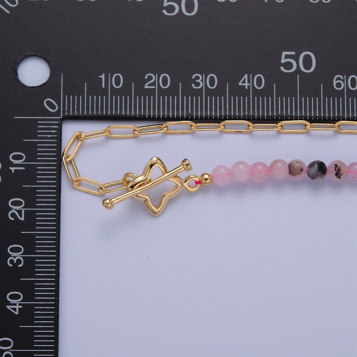 Dainty Half Bead Half Link Chain Necklace, 24k Gold plated Paperclip Chain with Pink Jade Necklace Toggle Clasp | WA-972 Clearance Pricing - DLUXCA