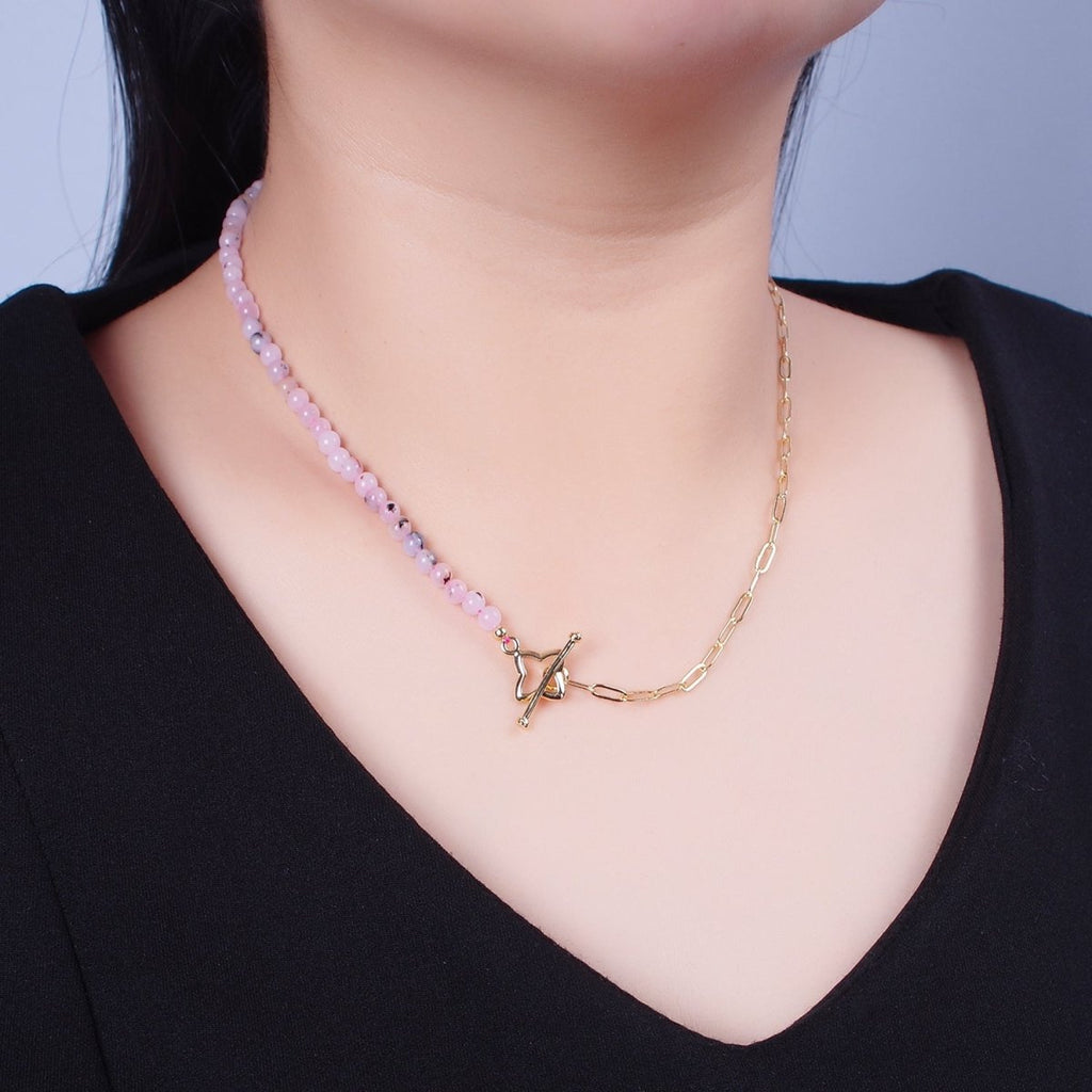 Dainty Half Bead Half Link Chain Necklace, 24k Gold plated Paperclip Chain with Pink Jade Necklace Toggle Clasp | WA-972 Clearance Pricing - DLUXCA