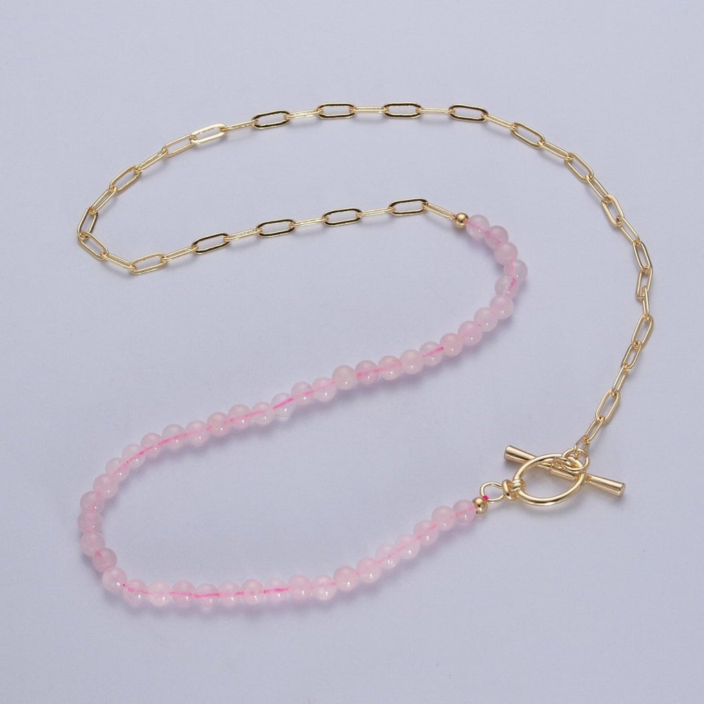 Dainty Half Bead Half Link Chain Necklace, 24k Gold plated Paperclip Chain with Pink Quartz Necklace with Oval Toggle Clasps | WA-1019 Clearance Pricing - DLUXCA