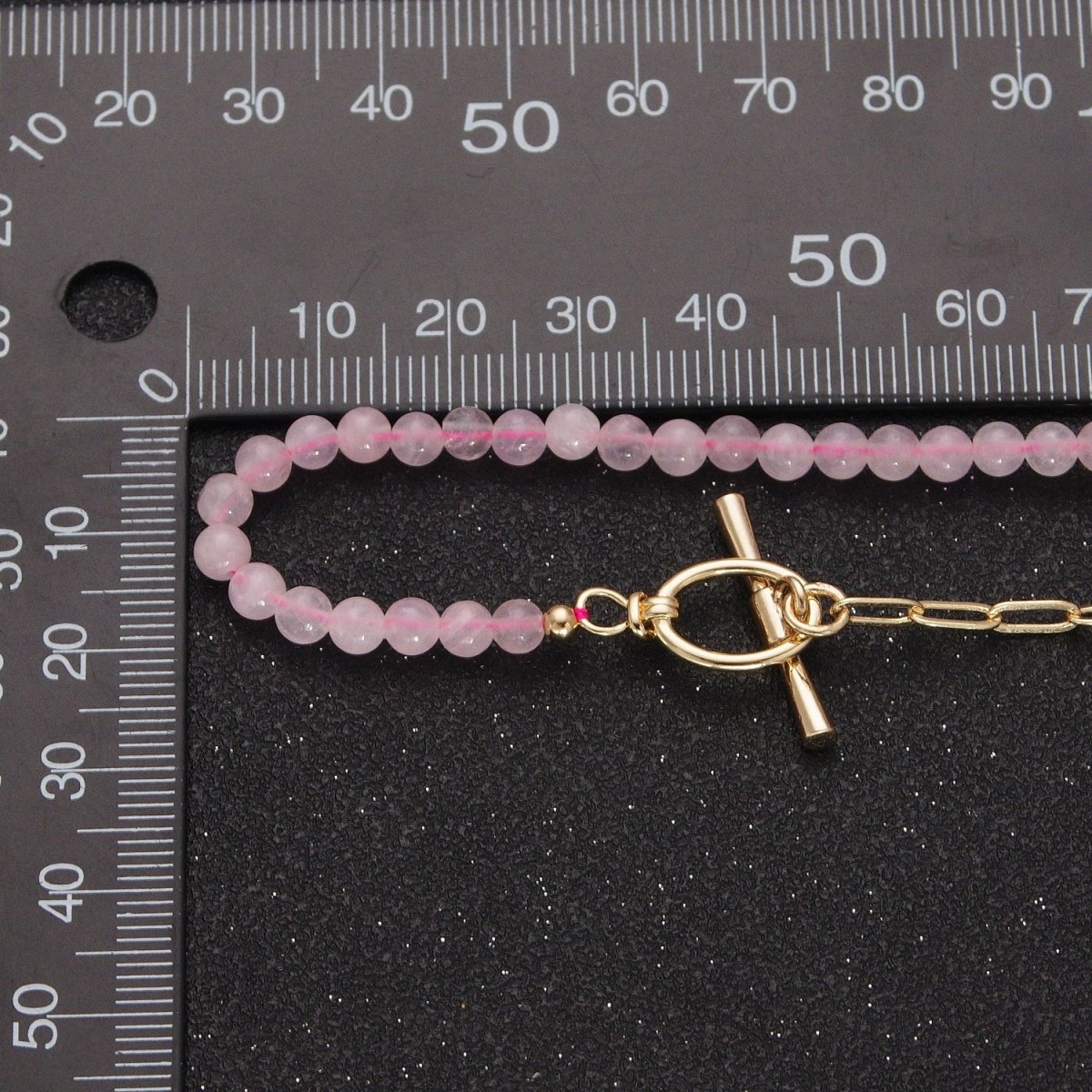 Dainty Half Bead Half Link Chain Necklace, 24k Gold plated Paperclip Chain with Pink Quartz Necklace with Oval Toggle Clasps | WA-1019 Clearance Pricing - DLUXCA