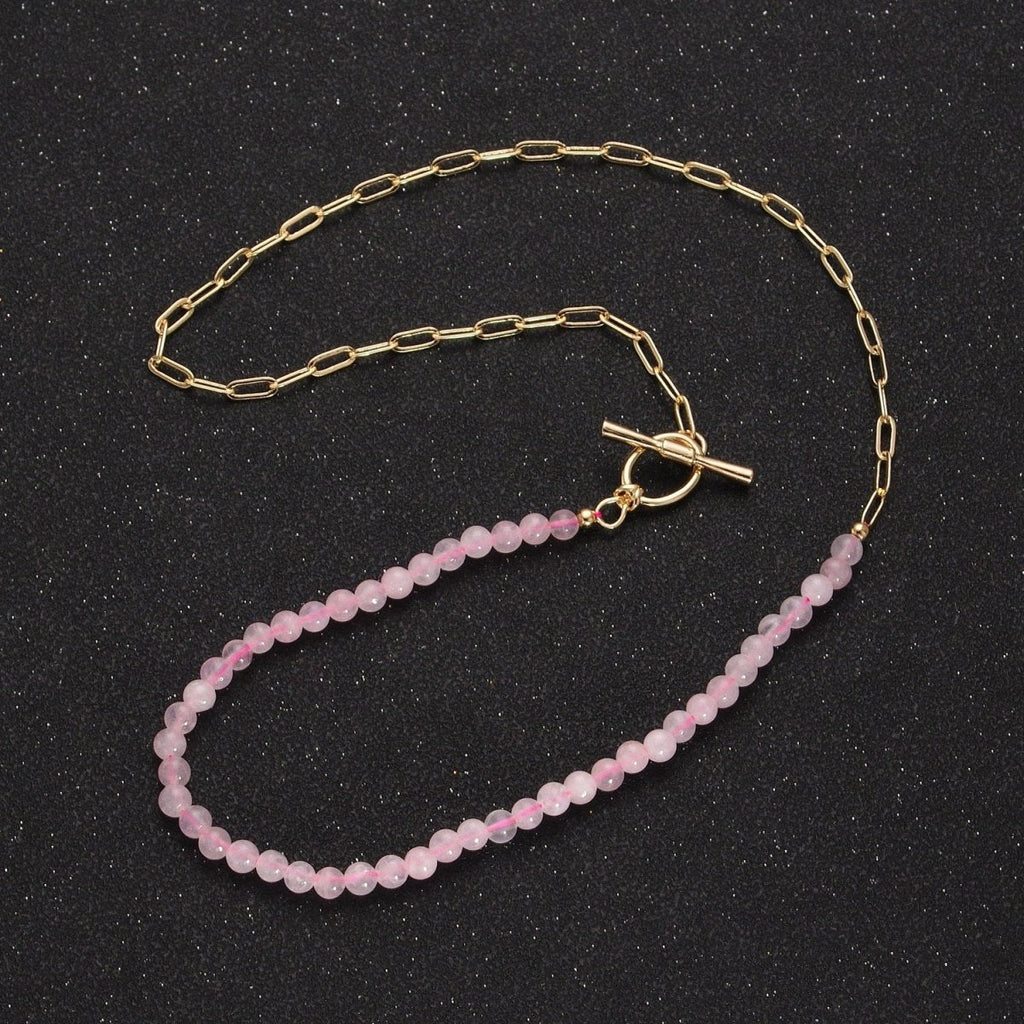 Dainty Half Bead Half Link Chain Necklace, 24k Gold plated Paperclip Chain with Pink Quartz Necklace with Oval Toggle Clasps | WA-1019 Clearance Pricing - DLUXCA