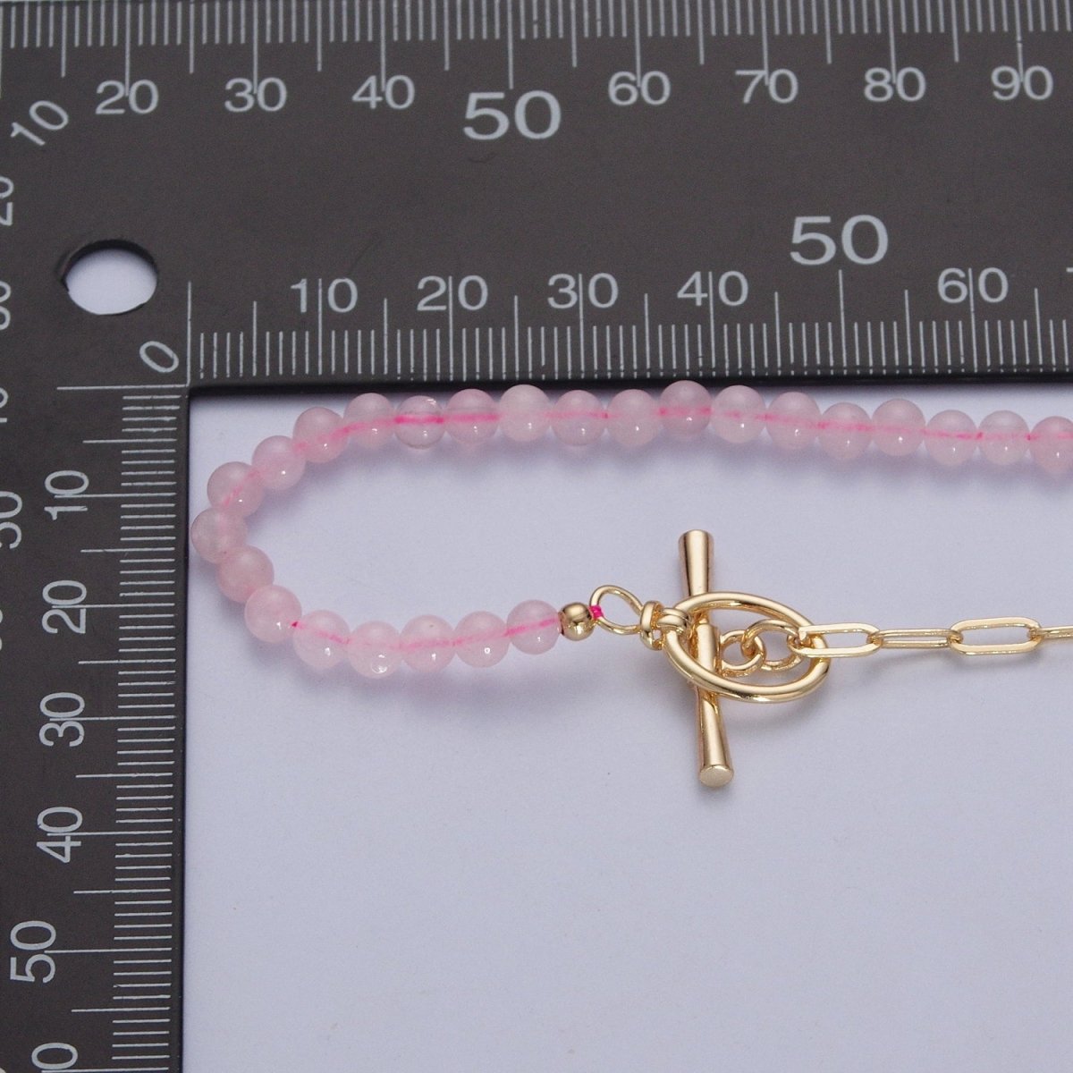 Dainty Half Bead Half Link Chain Necklace, 24k Gold plated Paperclip Chain with Pink Quartz Necklace with Oval Toggle Clasps | WA-1019 Clearance Pricing - DLUXCA