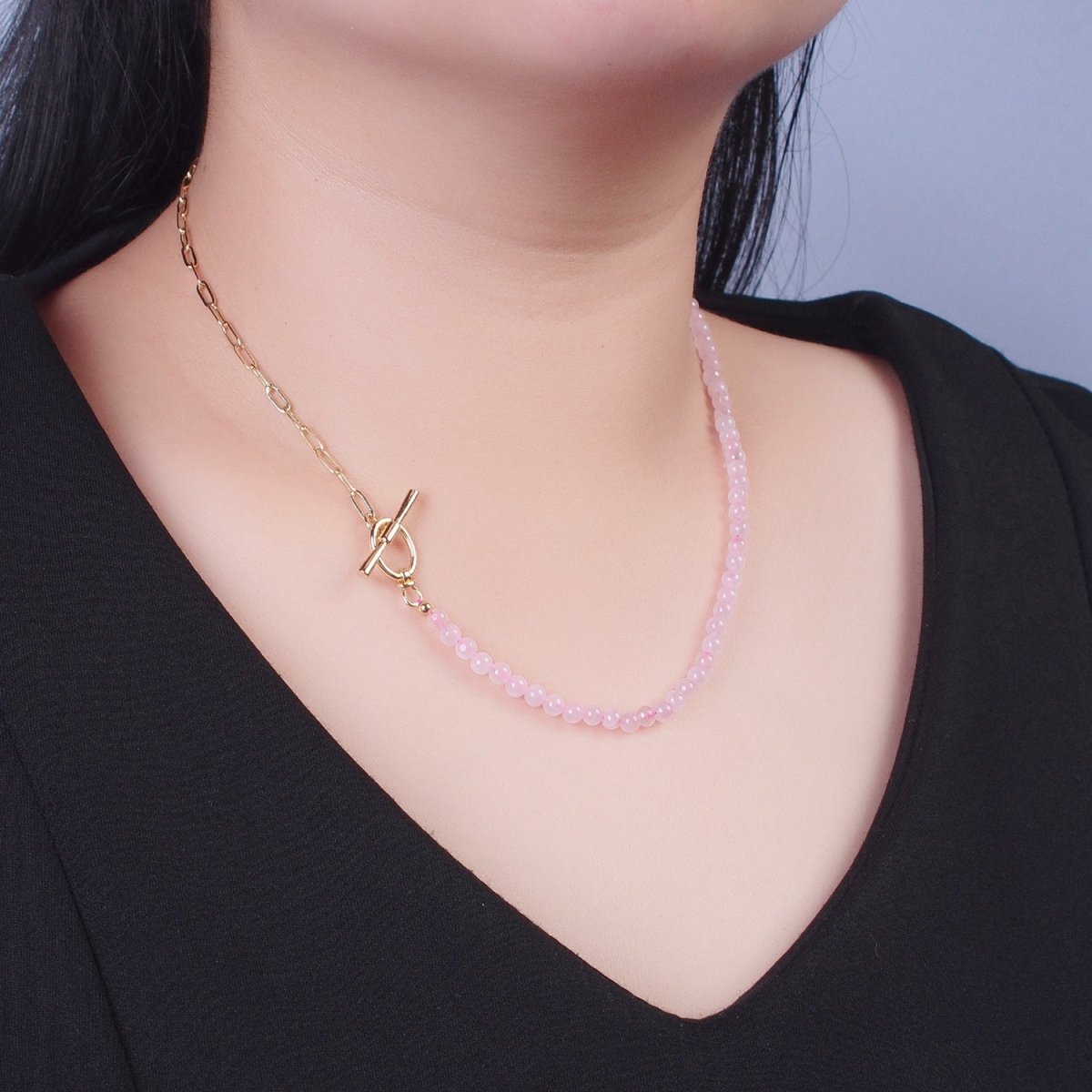 Dainty Half Bead Half Link Chain Necklace, 24k Gold plated Paperclip Chain with Pink Quartz Necklace with Oval Toggle Clasps | WA-1019 Clearance Pricing - DLUXCA